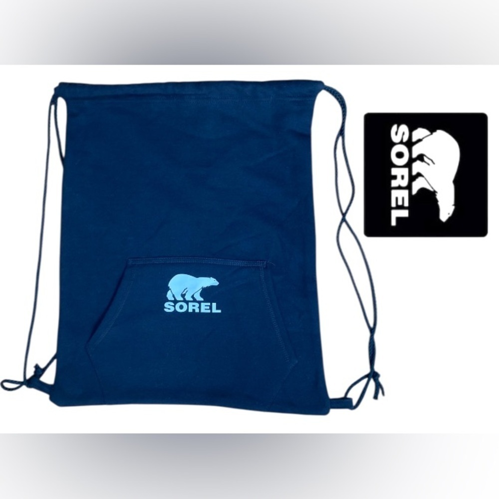 Sorel Drawstring Backpack – Hoodie Material, Black with White‎ Logo, 17x13"